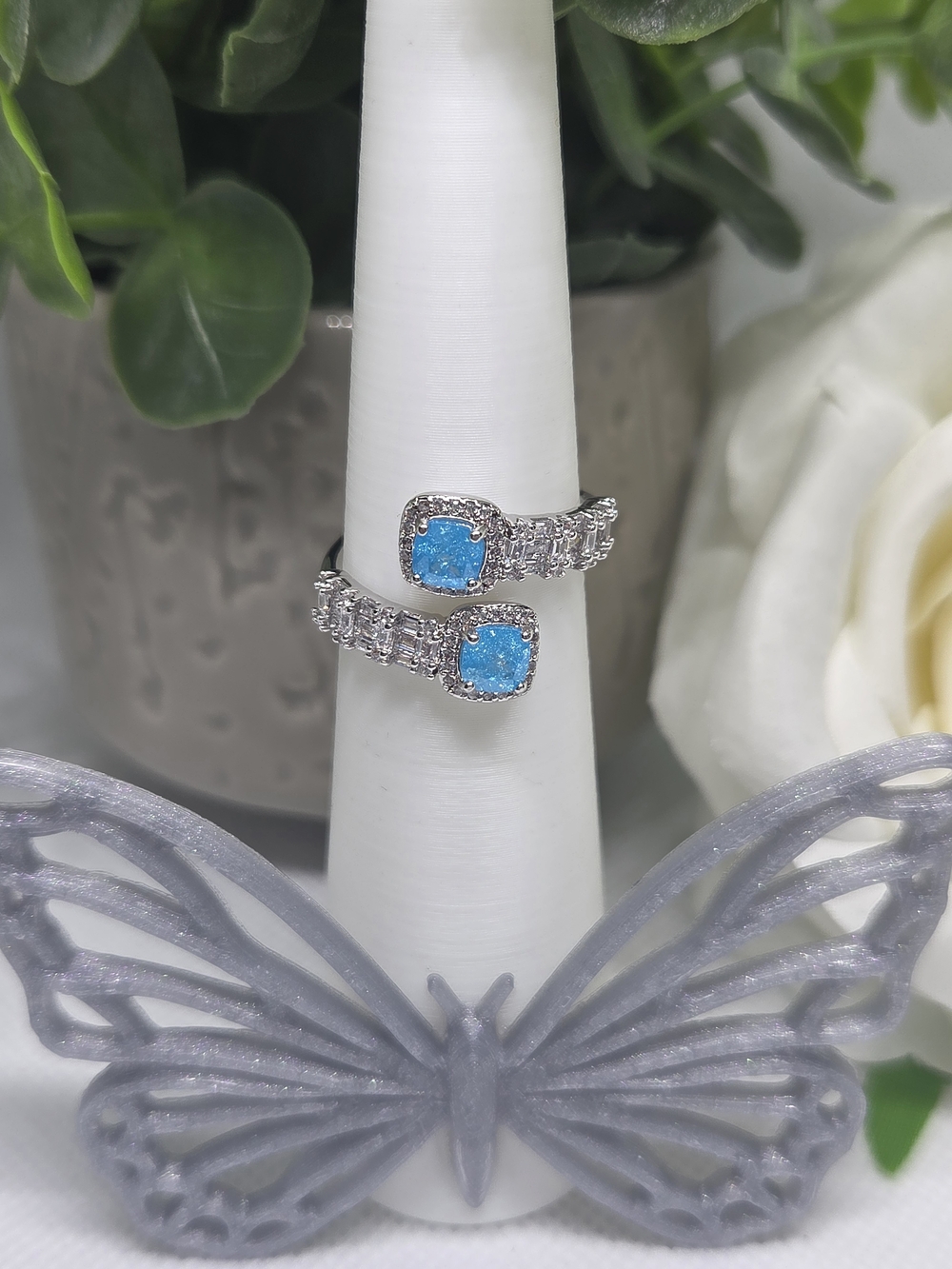 BP Elegant Blue Ice Crystal Open Band Ring On Rhodium Plating
